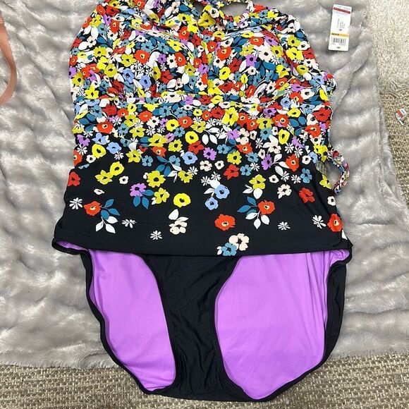 Anne Cole Women's Plus Size Flower Field Keyhole High Neck Swimsuit in Black/Whi - Picture 2 of 3